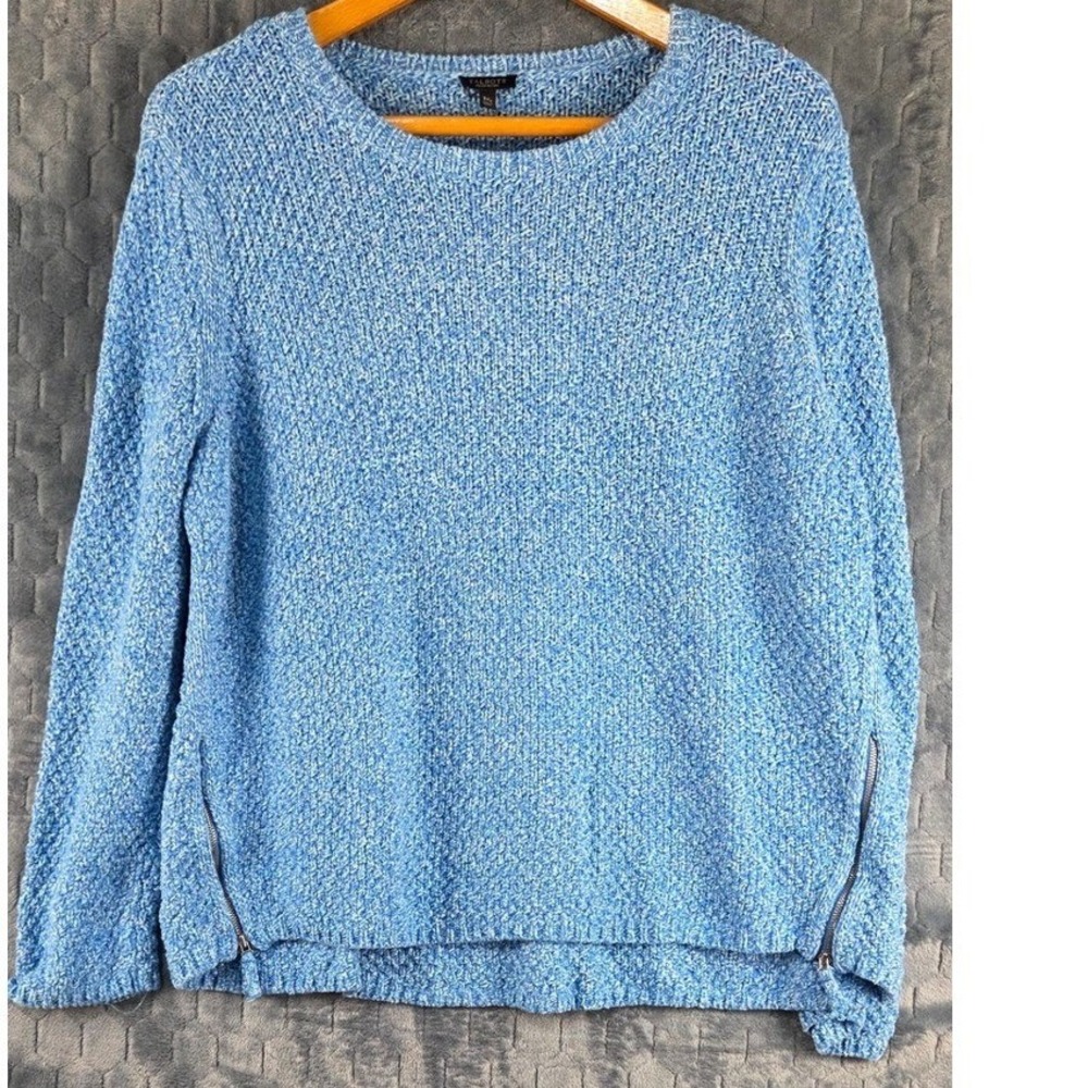 Talbots Woman Petites Blue Marled Cotton Shaker‎ Knit Sweater Side Zippers 3Xp